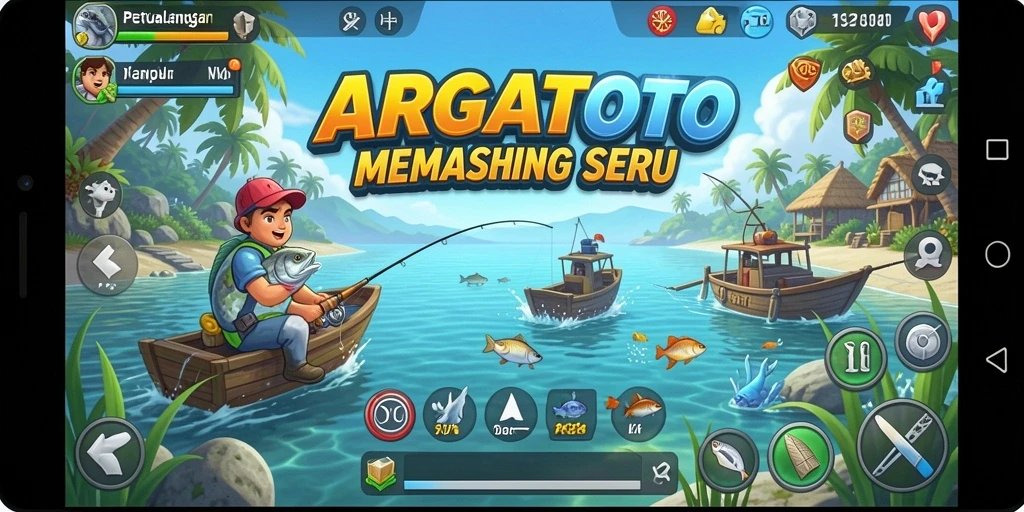 Tampilan gameplay ARGATOTO menampilkan momen seru saat menangkap ikan besar.