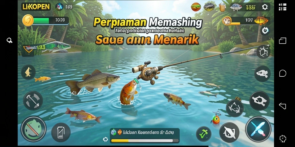 Screenshot permainan LKOPEN menampilkan momen memancing yang menegangkan.