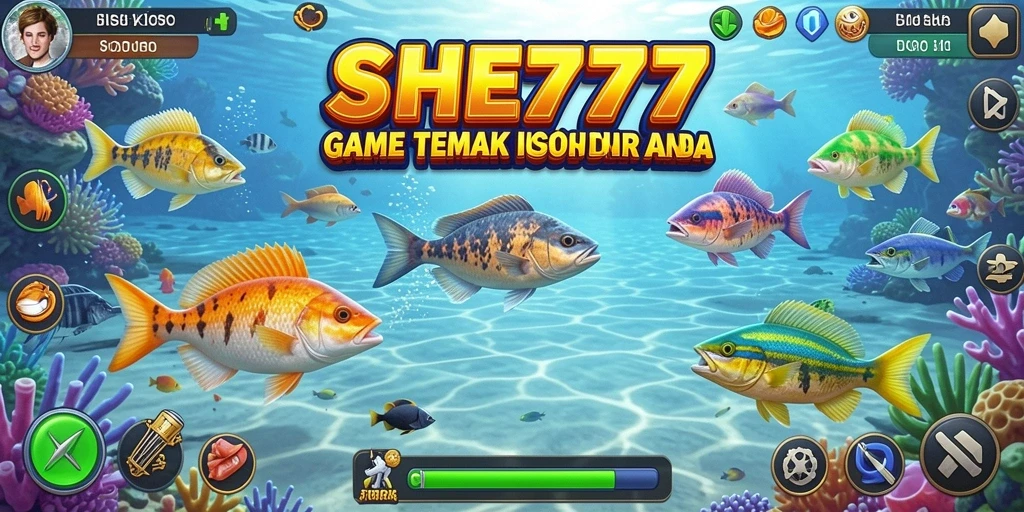 Screenshot gameplay SHE777 yang menampilkan aksi menembak ikan.