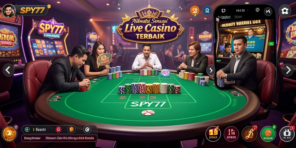 Screenshot gameplay SPY77 menampilkan dealer langsung dan suasana kasino yang hidup.
